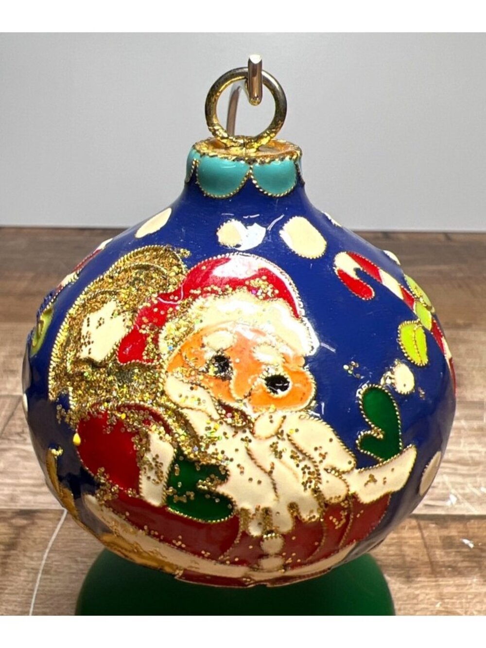 Hand-Painted Blue Glass Christmas Ornament With Santa & Candy Cane Motif